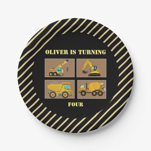 Construction Trucks | Theme Kids Birthday Paper Plate (Front)