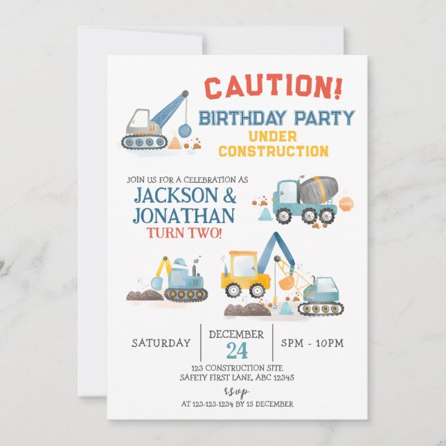 Construction Trucks, Twin Boys Birthday Party Invitation (Front)
