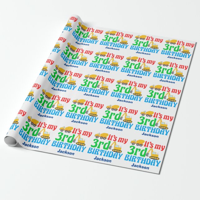 Construction Vehicle 3rd Birthday Boy Personalised Wrapping Paper (Unrolled)
