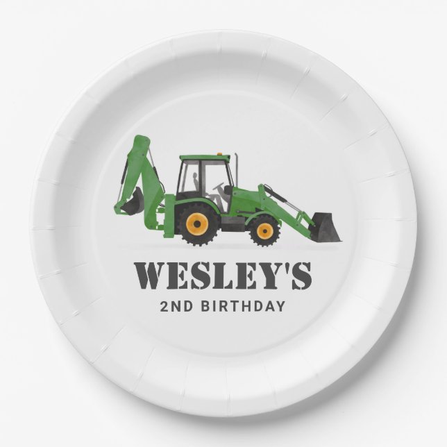 Construction Vehicle Backhoe Birthday Party Paper Plate (Front)