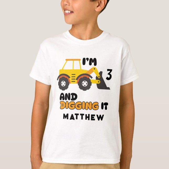 Construction Vehicle Backhoe With Customised Name T-Shirt (Front)