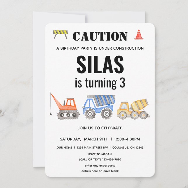 Construction Vehicle Birthday Invitation (Front)