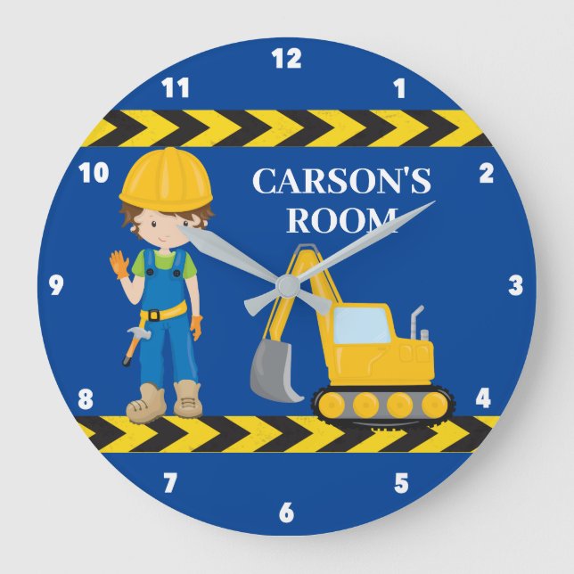 Construction Vehicle Boys Custom Blue Kids Bedroom Large Clock (Front)