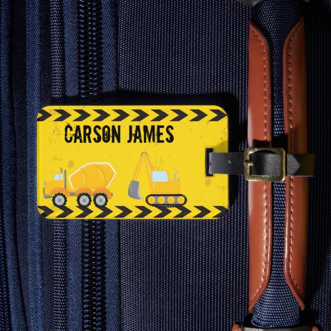 Construction Vehicle Boys Personalised Yellow Kids Luggage Tag (Front Insitu 4)