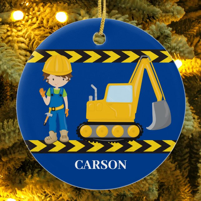 Construction Vehicle Cool Blue Boys Personalised Ceramic Ornament (Creator Uploaded)