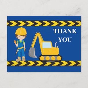 Construction Vehicle Excavator Boys Blue Thank You Postcard