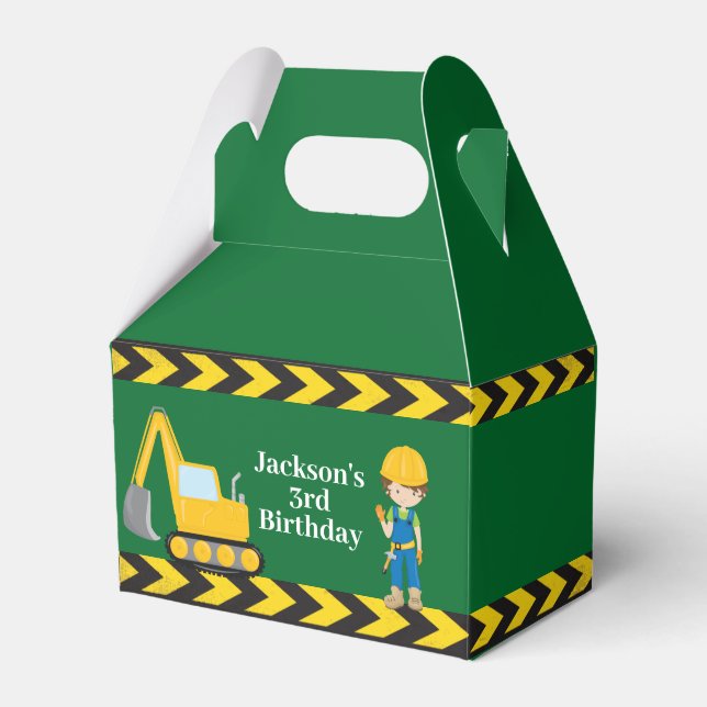 Construction Vehicle Kids Green Birthday Party Favour Box (Front Side)