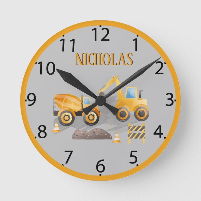Construction Vehicle Orange Excavator For Kids Per Round Clock (Front)