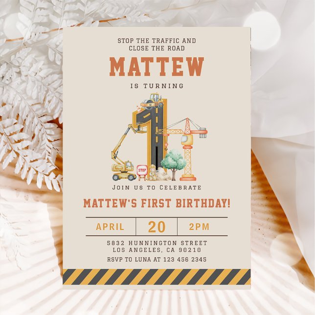 Construction Vehicles 1st Birthday Invitation (Creator Uploaded)
