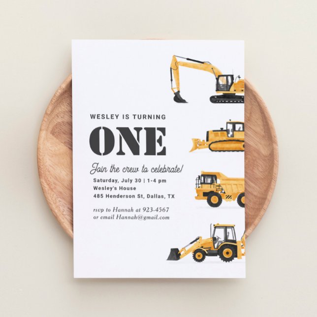 Construction Vehicles 1st Birthday Party Invitation (Creator Uploaded)