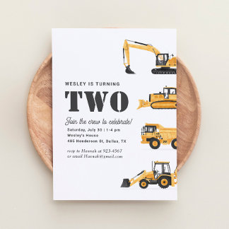Construction Vehicles 2nd Birthday Party Invitation
