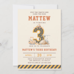 Construction Vehicles 3rd Birthday Invitation