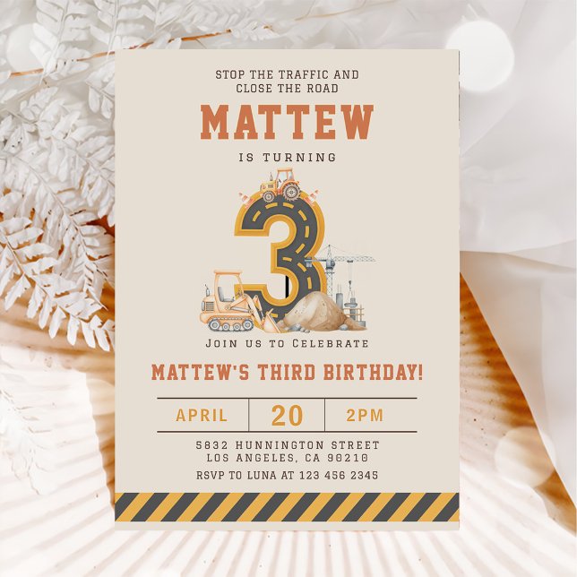 Construction Vehicles 3rd Birthday Invitation (Creator Uploaded)
