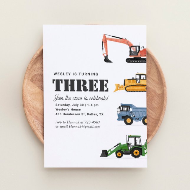 Construction Vehicles 3rd Birthday Party Invitation (Creator Uploaded)