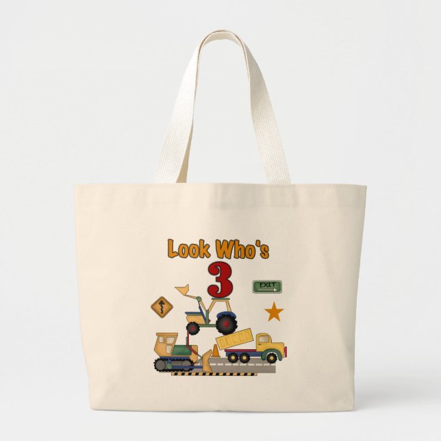 Construction Vehicles 3rd Birthday Tshirts Large Tote Bag (Front)