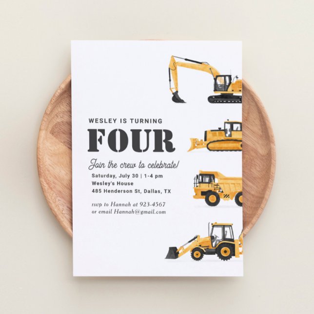 Construction Vehicles 4th Birthday Party Invitation (Creator Uploaded)