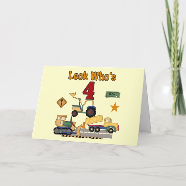 Construction Vehicles 4th Birthday Tshirts Card (Front)