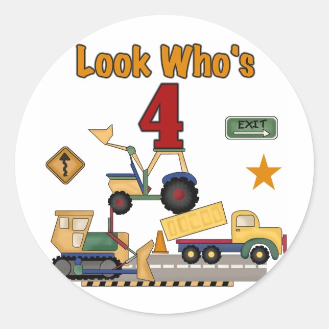Construction Vehicles 4th Birthday Tshirts Classic Round Sticker (Front)
