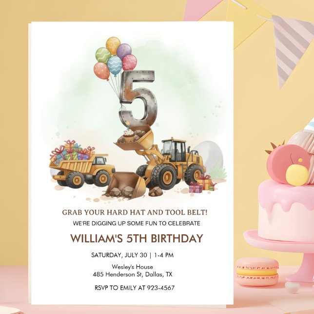 Construction Vehicles 5th Birthday Invitation  (Creator Uploaded)