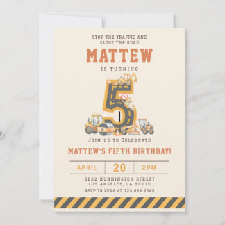 Construction Vehicles 5th Birthday Invitation
