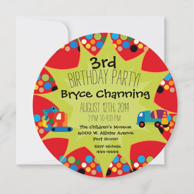 Construction Vehicles Birthday Circle Invite (Front)