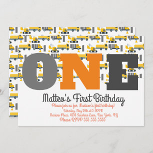 Construction Vehicles Birthday Dump Big One Invitation