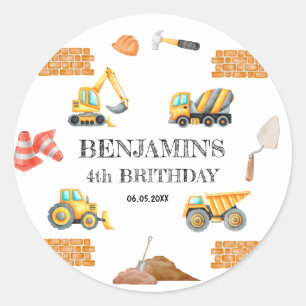 Construction Vehicles Boy Birthday Party Classic Round Sticker