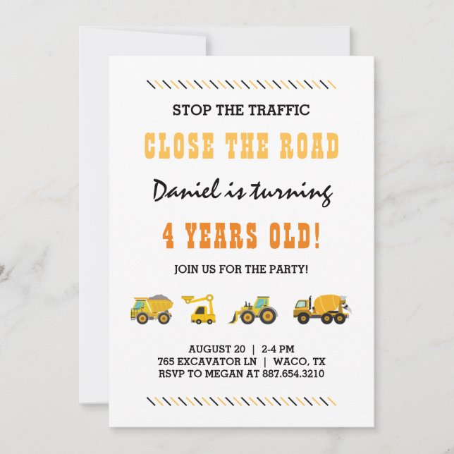 Construction Vehicles Boy Birthday Party Invitation (Front)