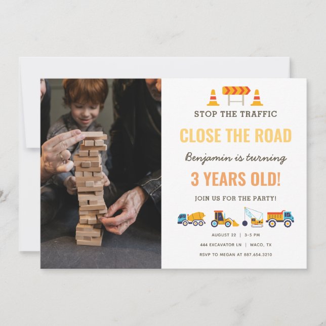 Construction Vehicles Boy Birthday Party Photo Invitation (Front)