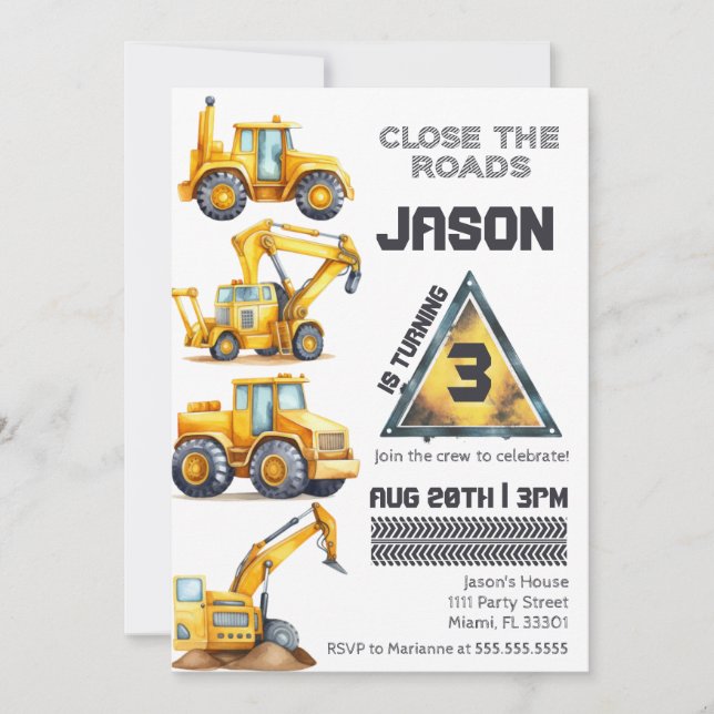 Construction Vehicles Boy Dump Truck Birthday Invitation (Front)