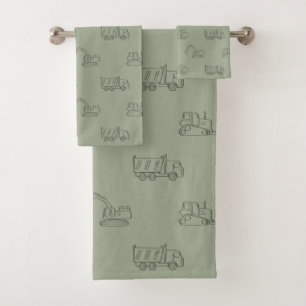 Construction Vehicles Builder Boy Truck Sage Green Bath Towel Set