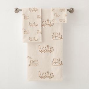 Construction Vehicles Builder Cute Boy Truck Beige Bath Towel Set