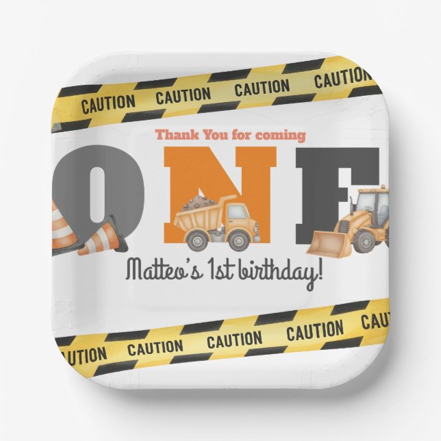 Construction Vehicles First Birthday Dump Truck Paper Plate (Front)