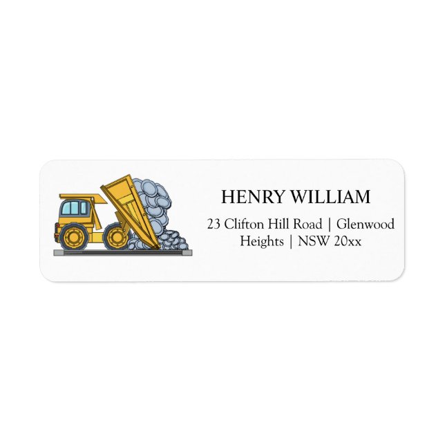 Construction Vehicles Kids Birthday Return Address Label (Front)