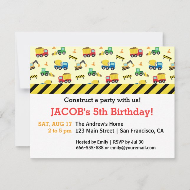 Construction Vehicles Pattern Birthday Party Invitation (Front)