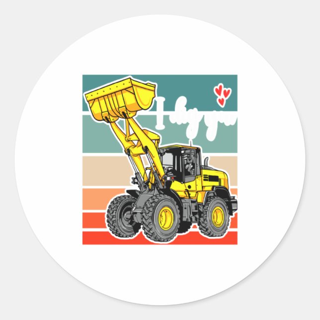 Construction Vehicles Valentines Hearts Excavator  Classic Round Sticker (Front)