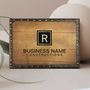 Construction Vintage Leather Wood Monogram Business Card