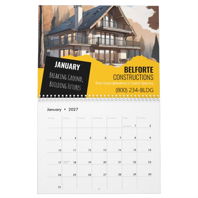Construction Wall Calendar | Yellow & Black Crane  (Jan 2027)