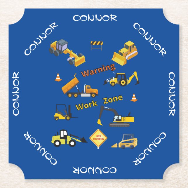 Construction Warning Work Zone Personalised Paper Coaster (Front)