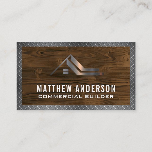 Construction | Wood Diamond Plated Metal Business Card (Front)
