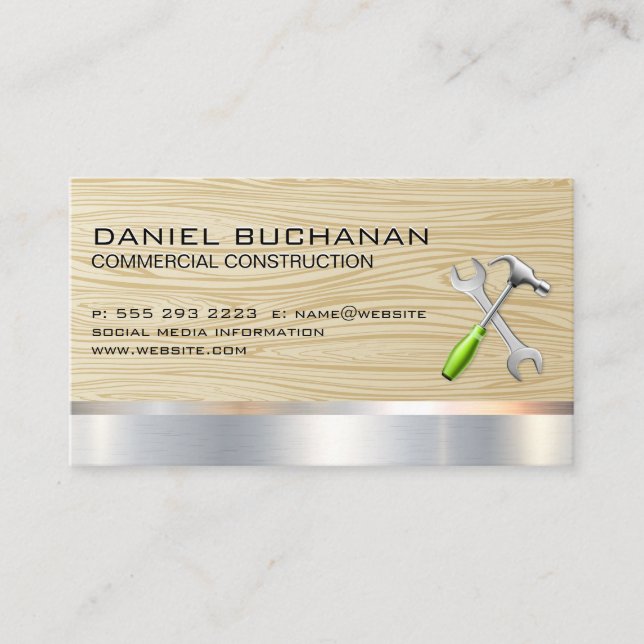 Construction | Wood Grain | Hammer Wrench Logo Business Card (Front)
