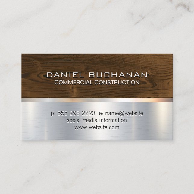 Construction | Wood Metallic Background Business Card (Front)