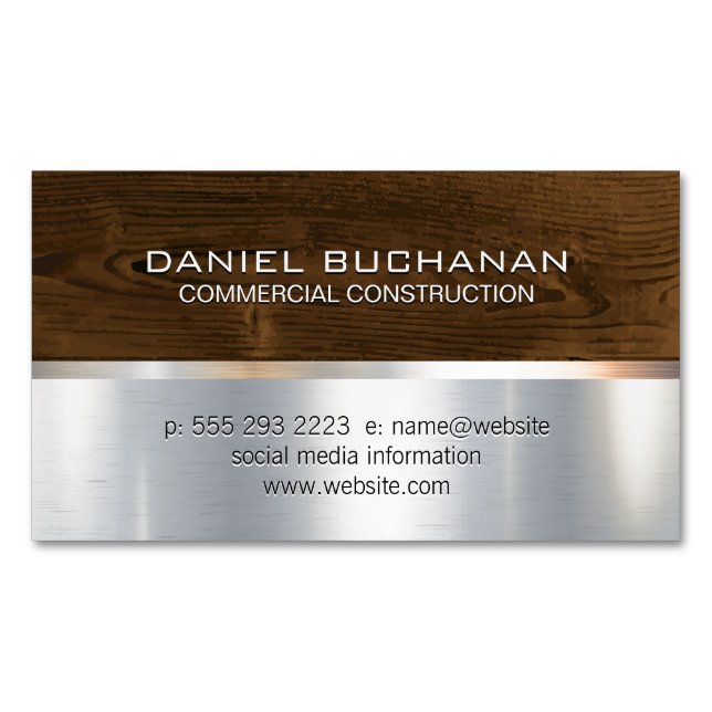 Construction | Wood Metallic Background Magnetic Business Card (Front)