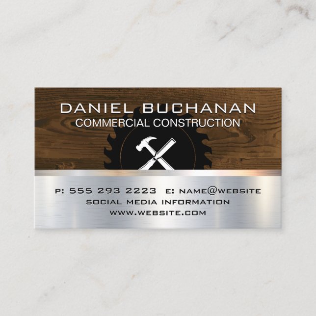 Construction | Wood Metallic | Carpentry Tools Business Card (Front)