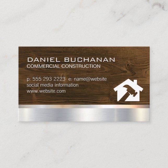 Construction | Wood Metallic | Hammer Home Logo Business Card (Front)