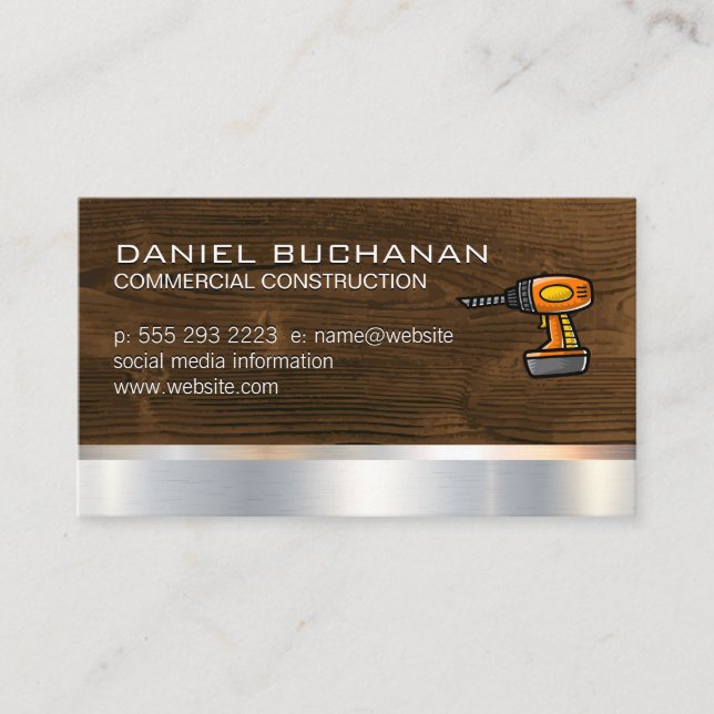 Construction | Wood Metallic | Power Drill Business Card (Front)