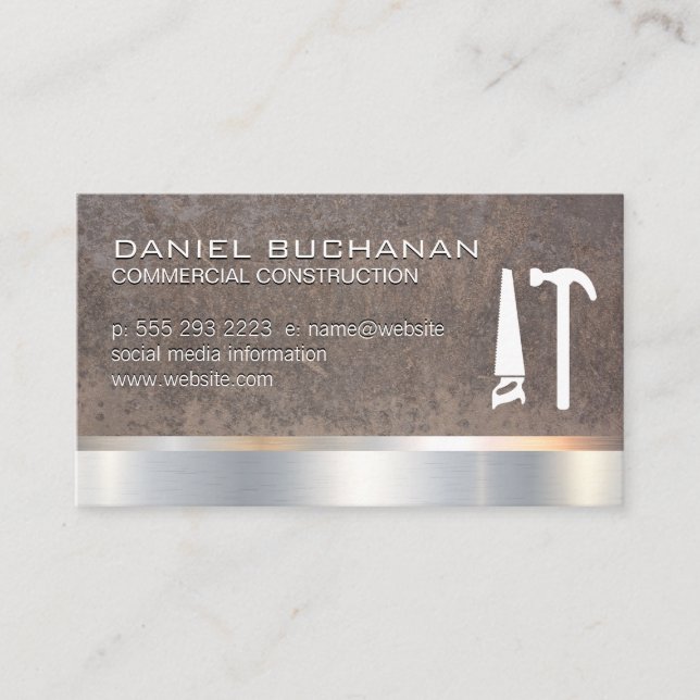 Construction | Wood Metallic | Saw Hammer | Metal Business Card (Front)