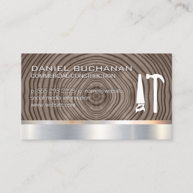 Construction | Wood Metallic | Saw Hammer Tools Business Card (Front)