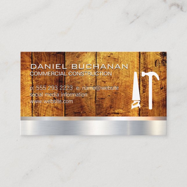 Construction | Wood Metallic | Saw Hammer Tools Business Card (Front)