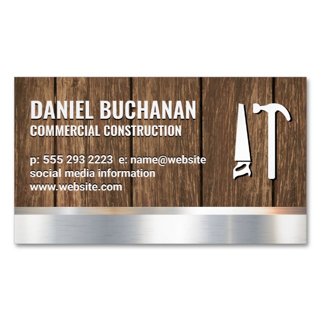 Construction | Wood Metallic | Saw Hammer Tools Magnetic Business Card (Front)